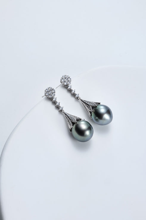 10-11mm Waterdrop Tahitian Pearl & CZ Daisy  Earrings